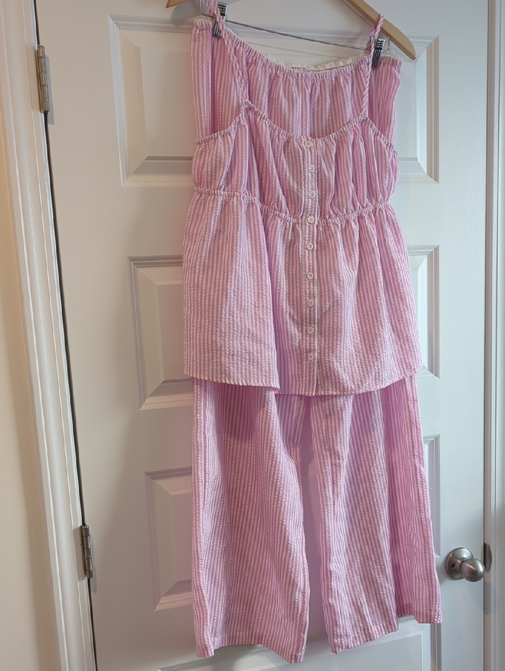Boutique Pajama 2pc Set Pink Seersucker Button-Front P2P 20 L25 Pant W22 L42